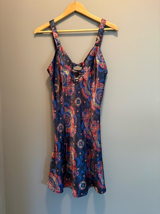 Kathryn Other - Navy Paisley Lace-Up Satin Slip Dress